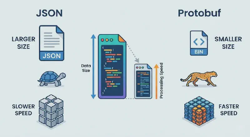 JSON vs Protobuf 데이터 크기 및 처리 속도 비교 다이어그램