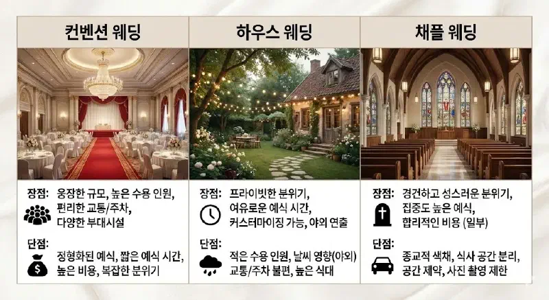 웨딩홀 스타일별(컨벤션 vs 하우스 vs 채플) 장단점 비교표