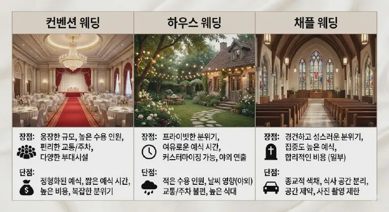 웨딩홀 스타일별(컨벤션 vs 하우스 vs 채플) 장단점 비교표